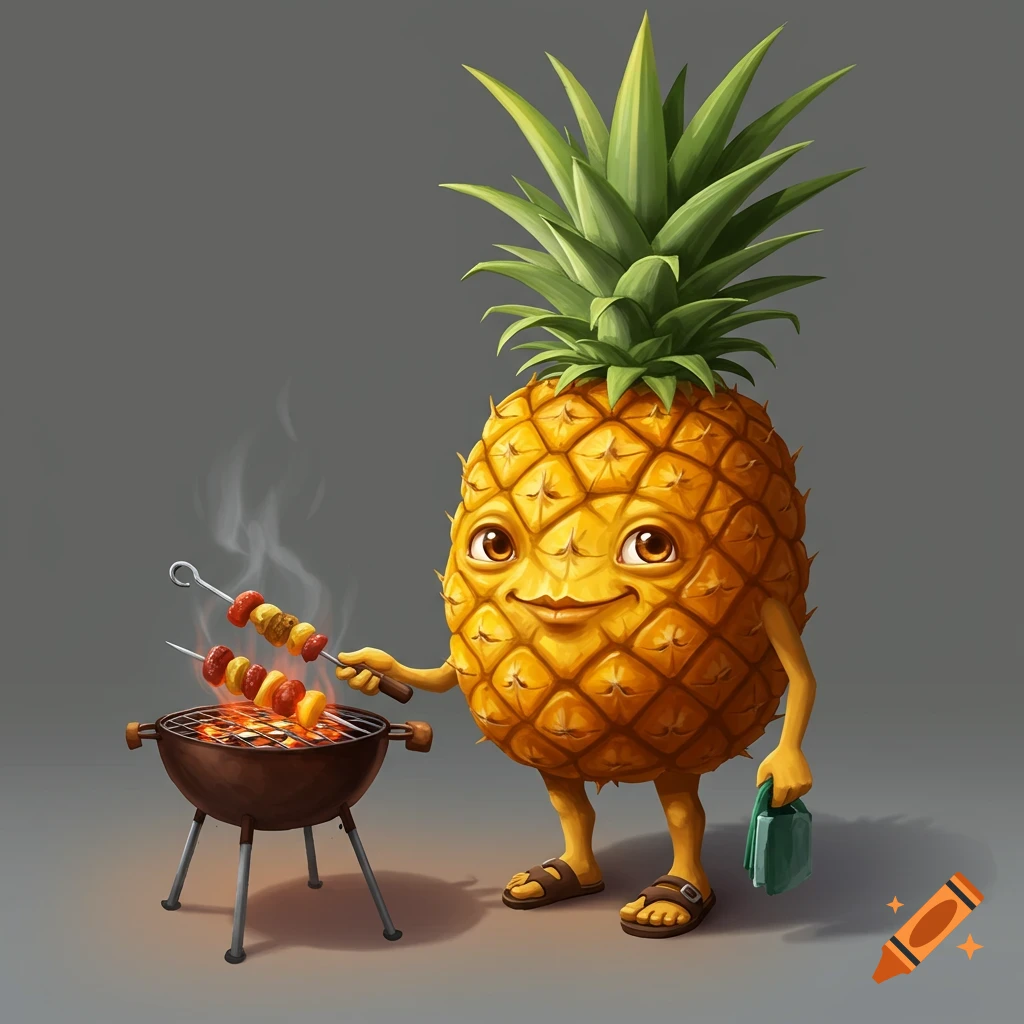 A cartoon pineapple character grills food on a small grill.
