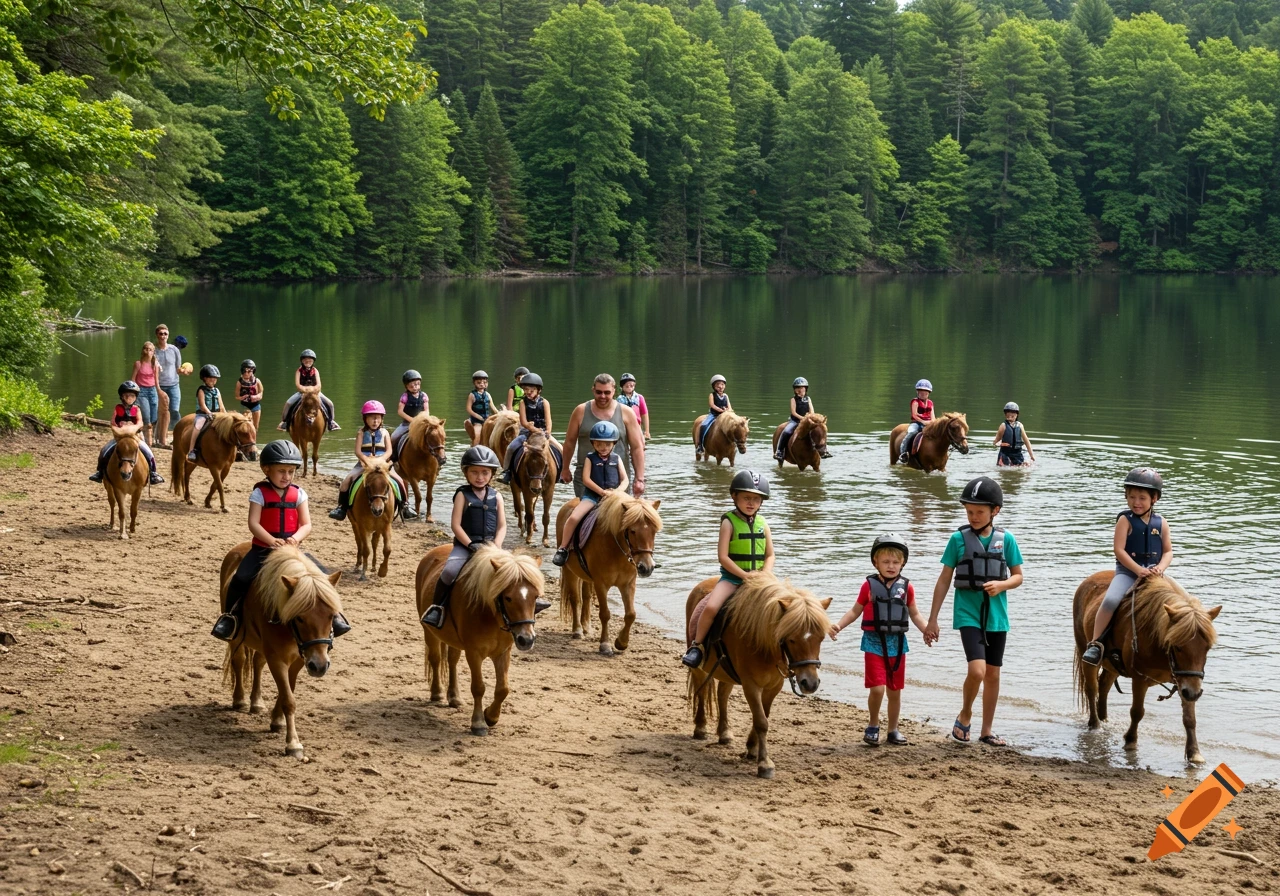 Children riding ponies on a beach and in a lake by a forest