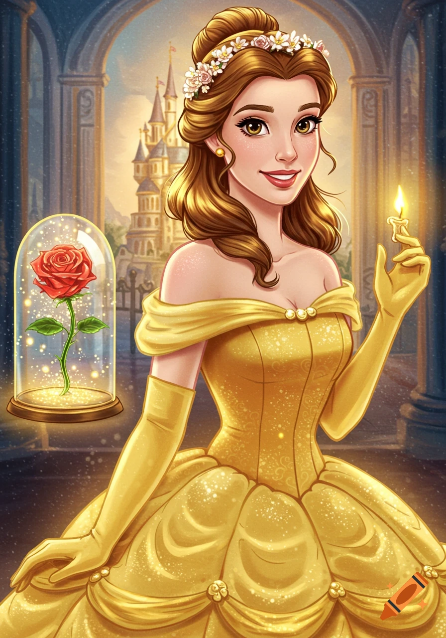 Stylized illustration of Princess Belle in a yellow dress holding a candle, with a red rose in a glass dome and a castle behind her.