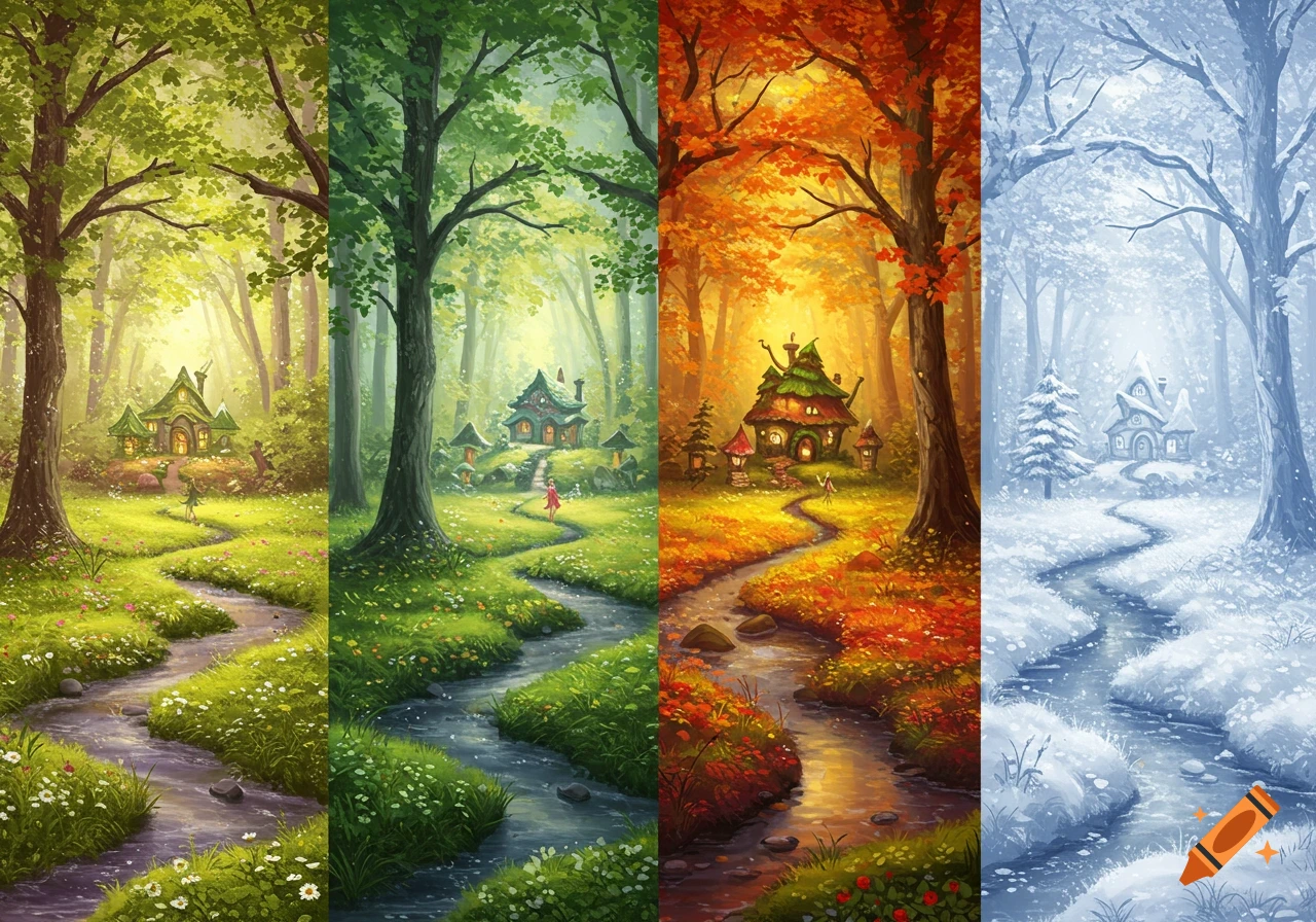 Fantasy forest landscape split into four panels showing spring, summer, autumn, and winter with path, stream, and small house.