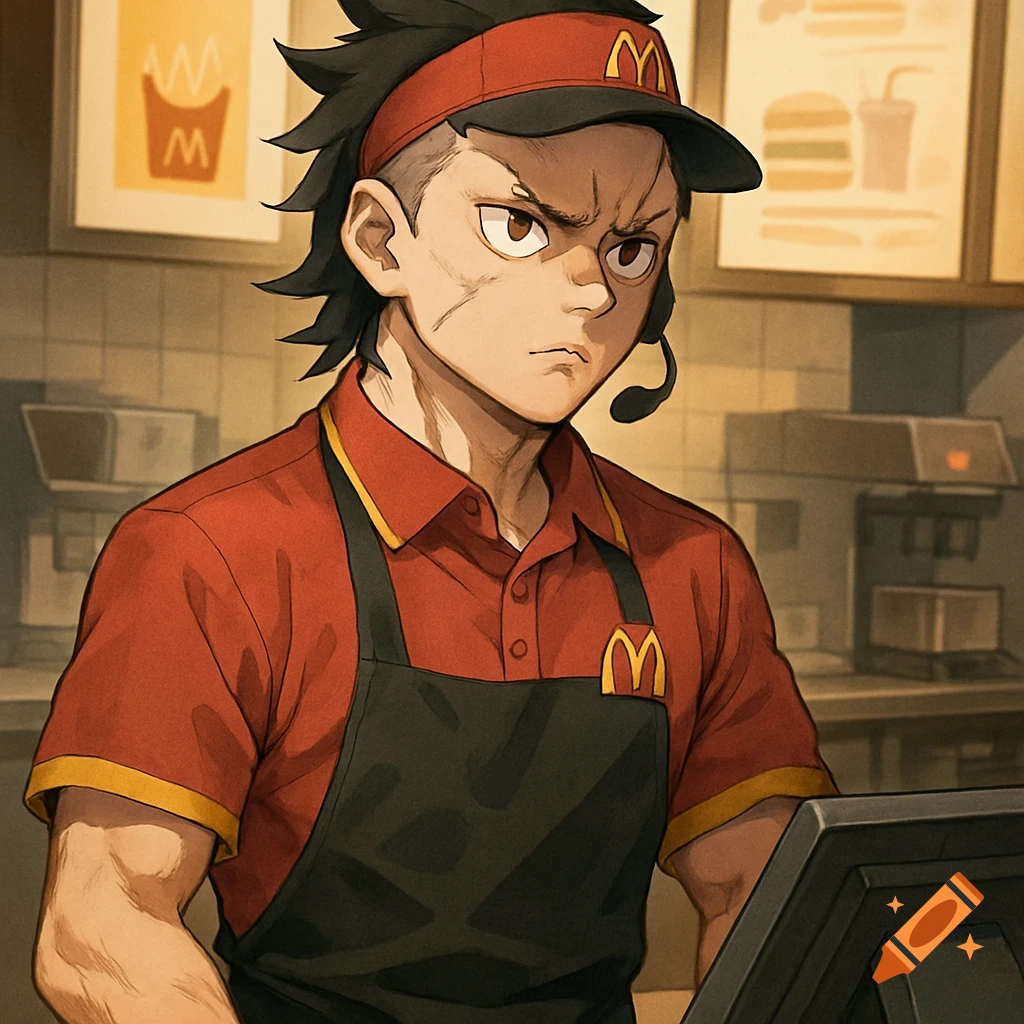 Anime character in a McDonald's uniform working behind a counter.