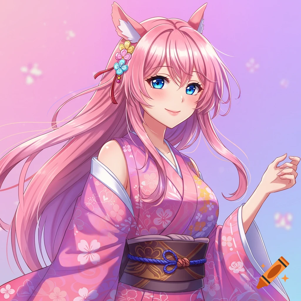 Anime girl with pink hair and fox ears wearing a pink kimono with floral patterns.