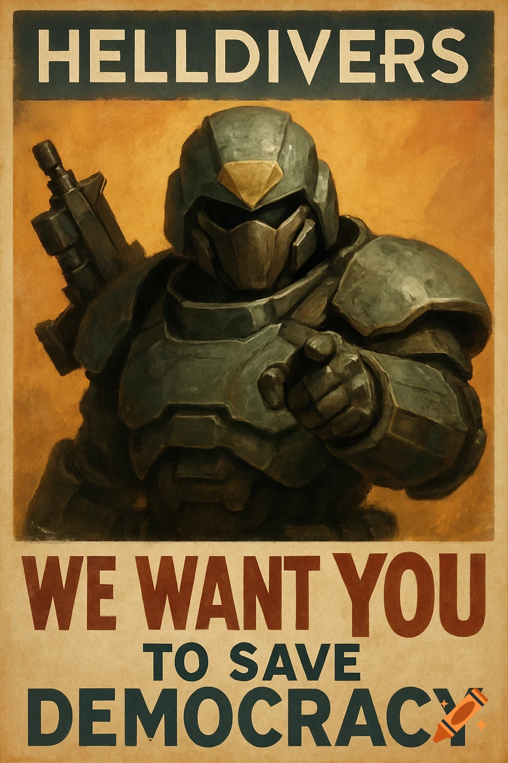 A propaganda poster features a soldier pointing forward, with the text 'HELLDIVERS WE WANT YOU TO SAVE DEMOCRACY'.