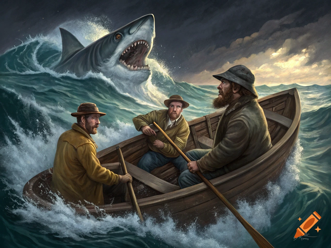 Three fishermen in a rowboat are threatened by a giant shark emerging from stormy waves. Dramatic painting style.