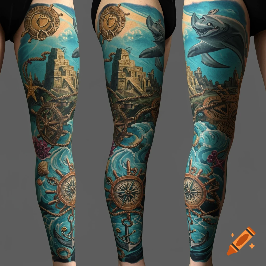 Detailed leg tattoo in nautical and Atlantis style featuring ship ...