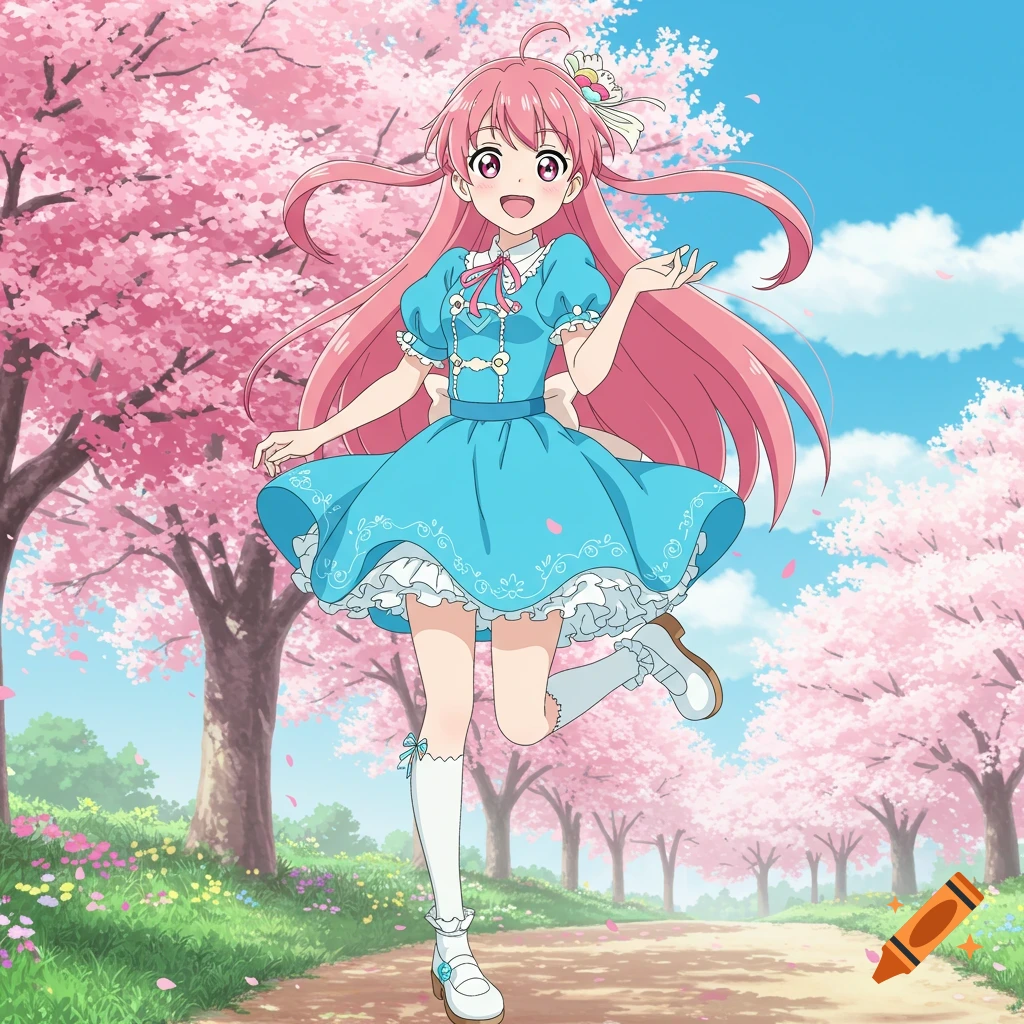 Animated girl running on a path lined with cherry blossom trees.