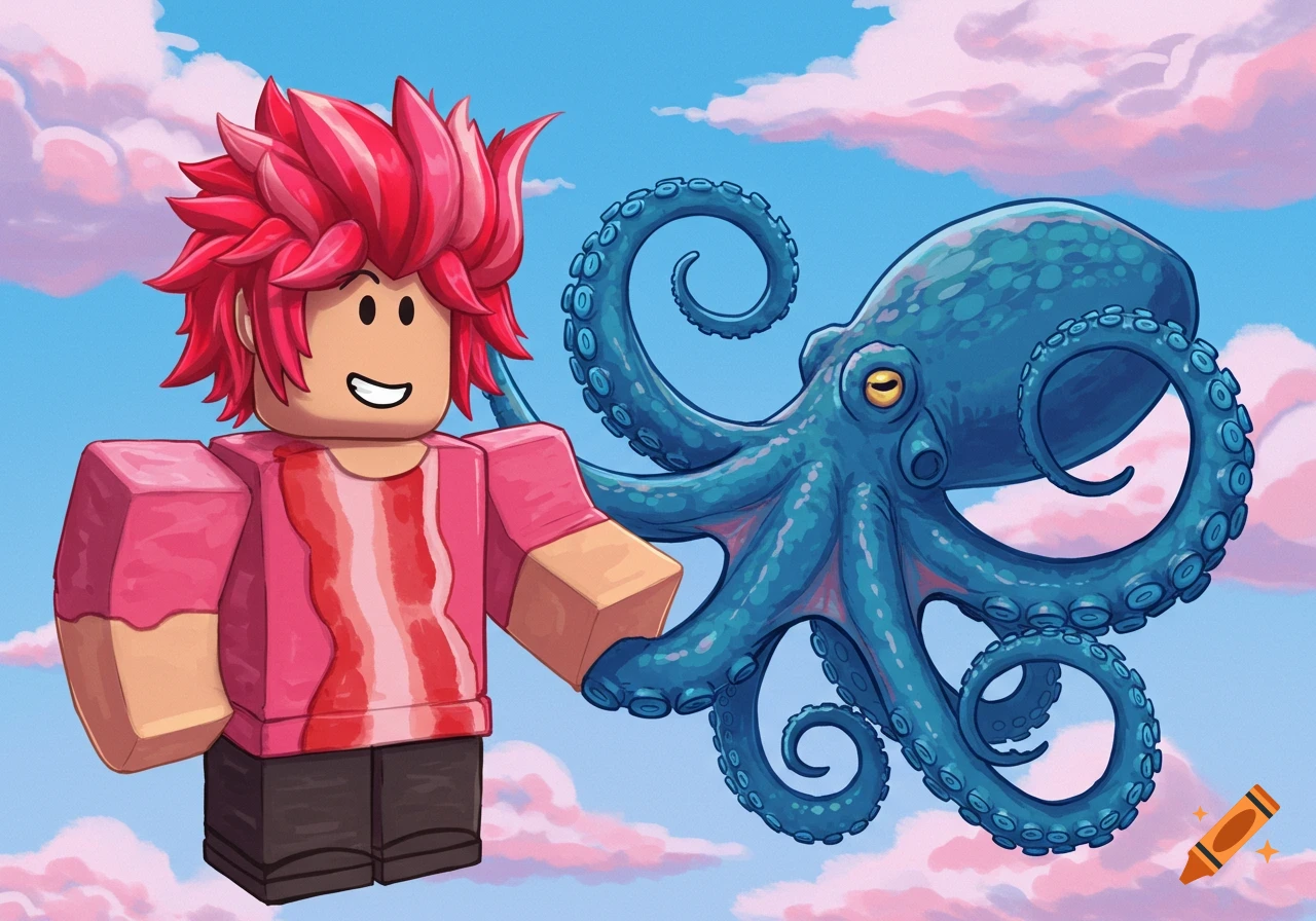 Illustration of a Roblox character with red hair holding a blue octopus against a cloudy sky.