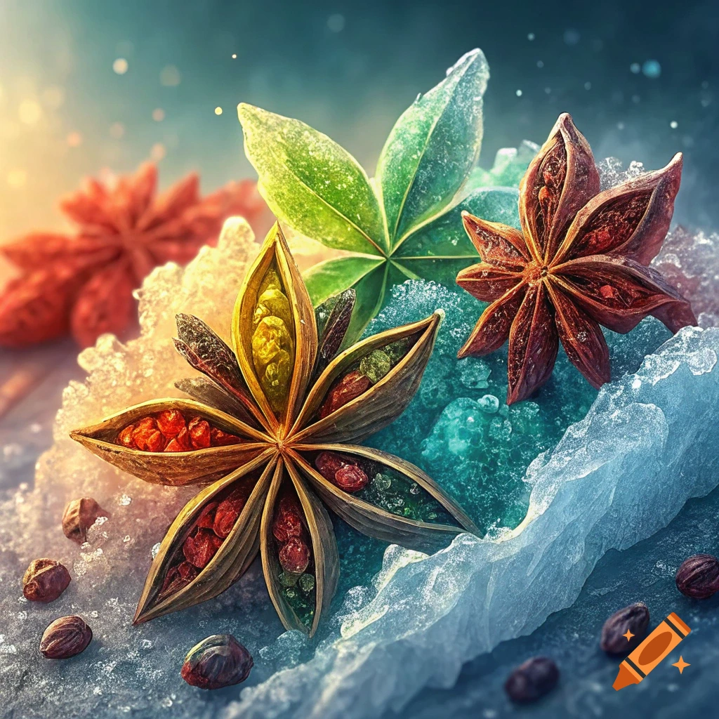 Star anise pods and seeds on ice