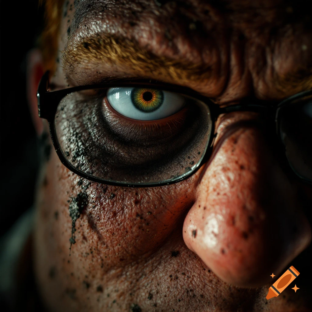 Close-up photorealistic portrait of a man with glasses and dirty skin looking intently.