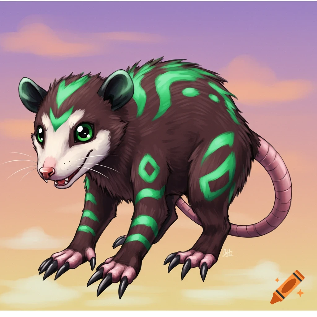 A cartoon opossum-like creature with green markings against a sunset sky, digital art