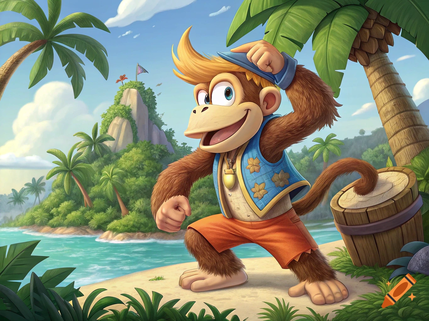 Cartoon monkey on a tropical island beach