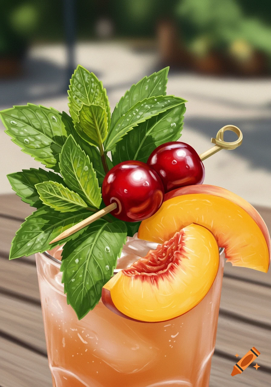 Illustrative close-up of a cocktail garnish with mint, cherries on a skewer, and peach slices.