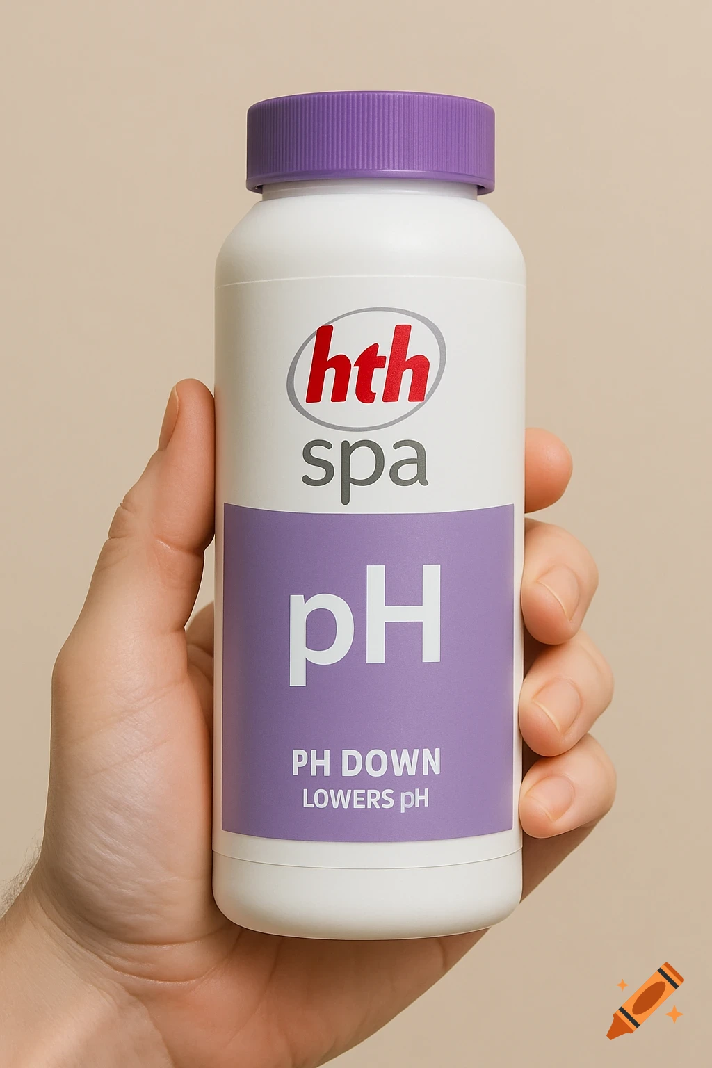 Close-up of a hand holding a white bottle with a purple label reading "hth spa pH PH DOWN LOWERS pH".