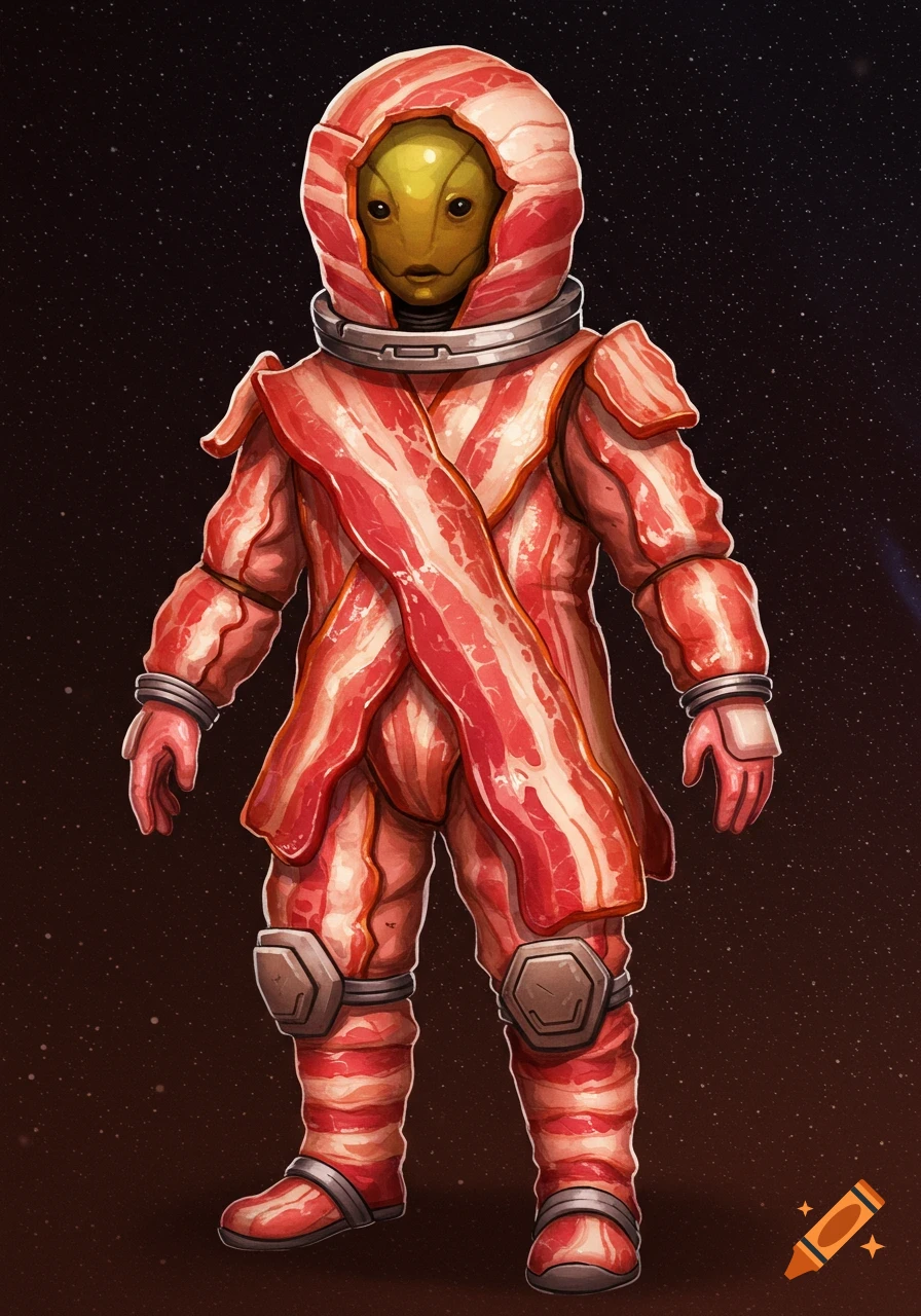 A Vy'keen alien in a bacon spacesuit stands against a starry background.