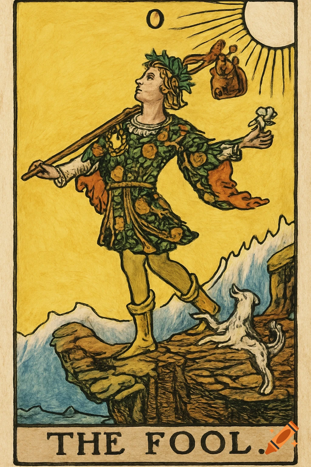 Illustration of The Fool tarot card, showing a figure with a staff and bundle standing on a cliff edge with a dog.