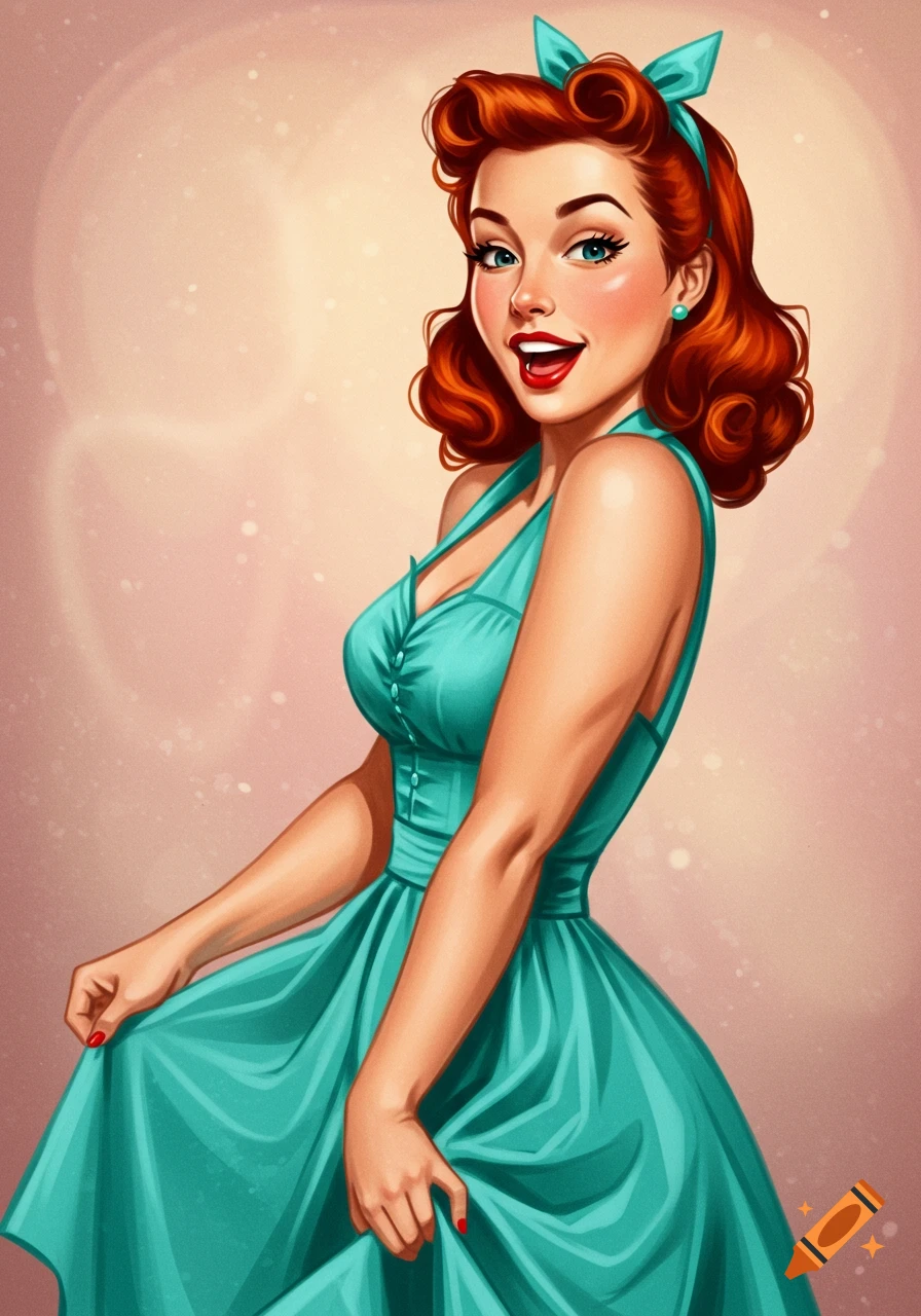 Pin-up style drawing of a woman with auburn hair and a turquoise dress