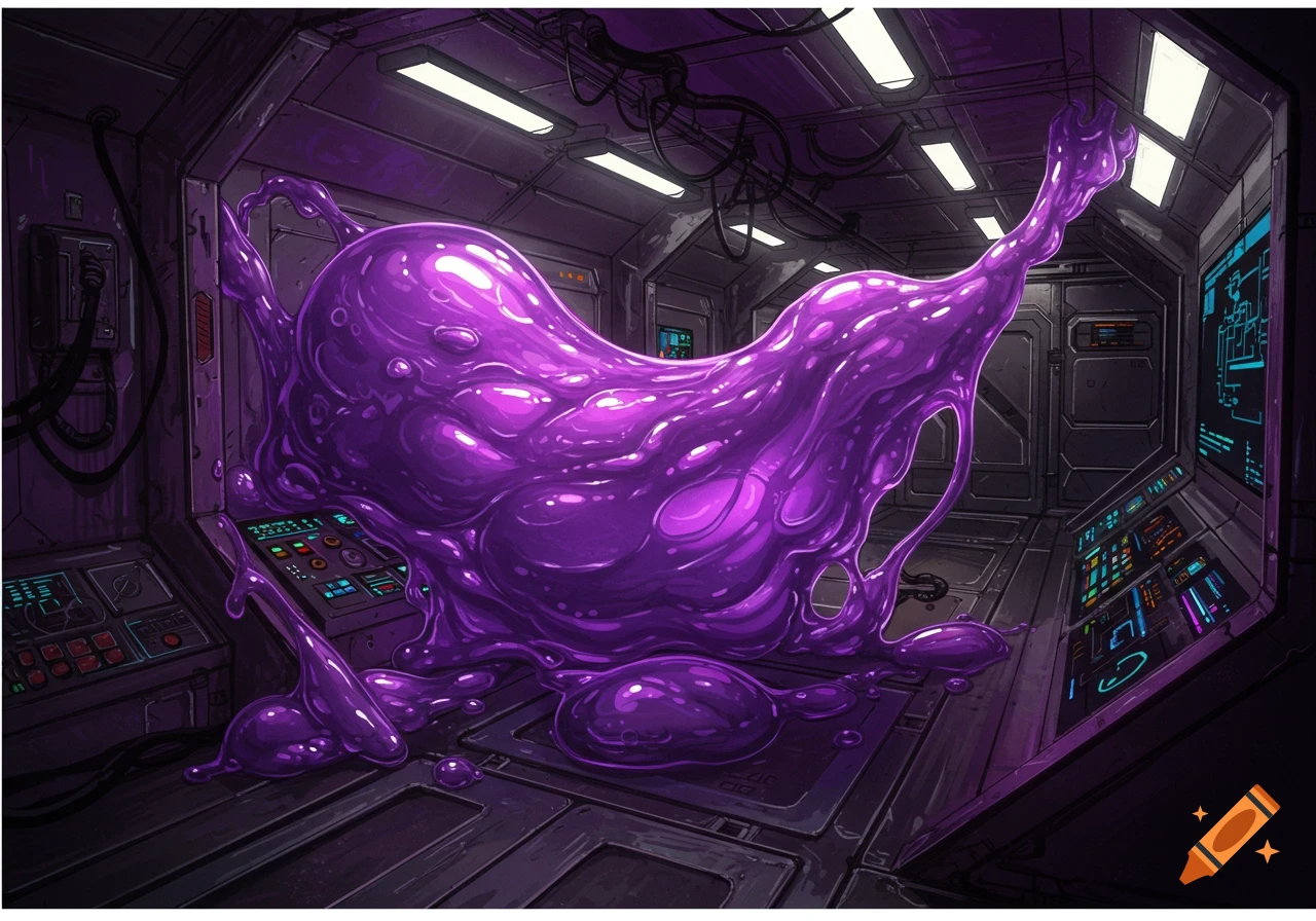 Large purple slime creature engulfs a spaceship hallway with control panels and screens.
