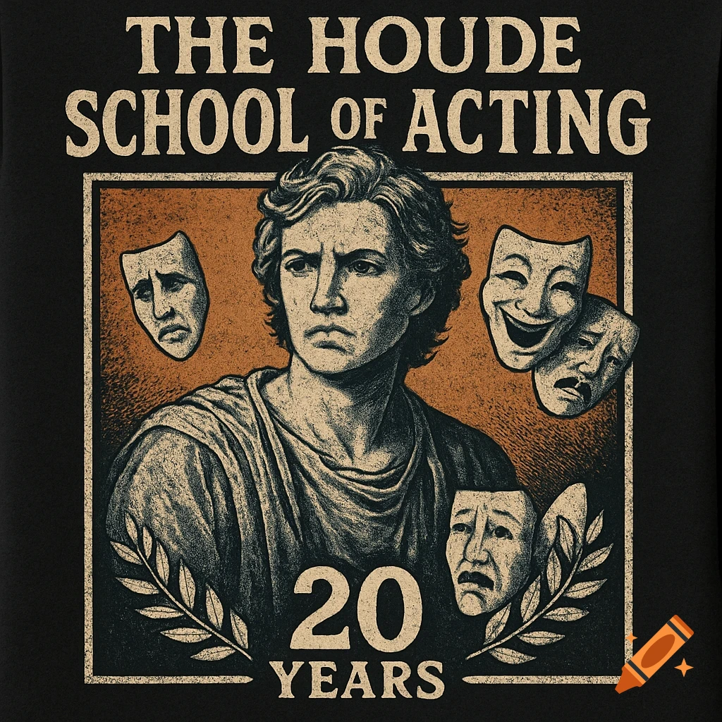 Vintage style illustration for an acting school anniversary with a figure, theatre masks, and text