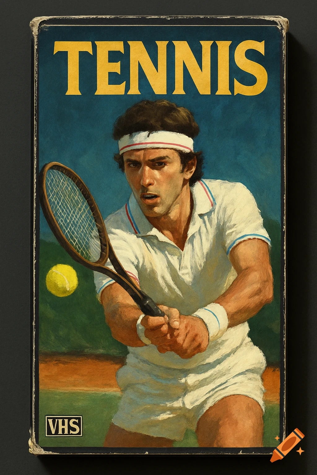 Painting of a tennis player on a court, styled like a vintage VHS cover with the word TENNIS.