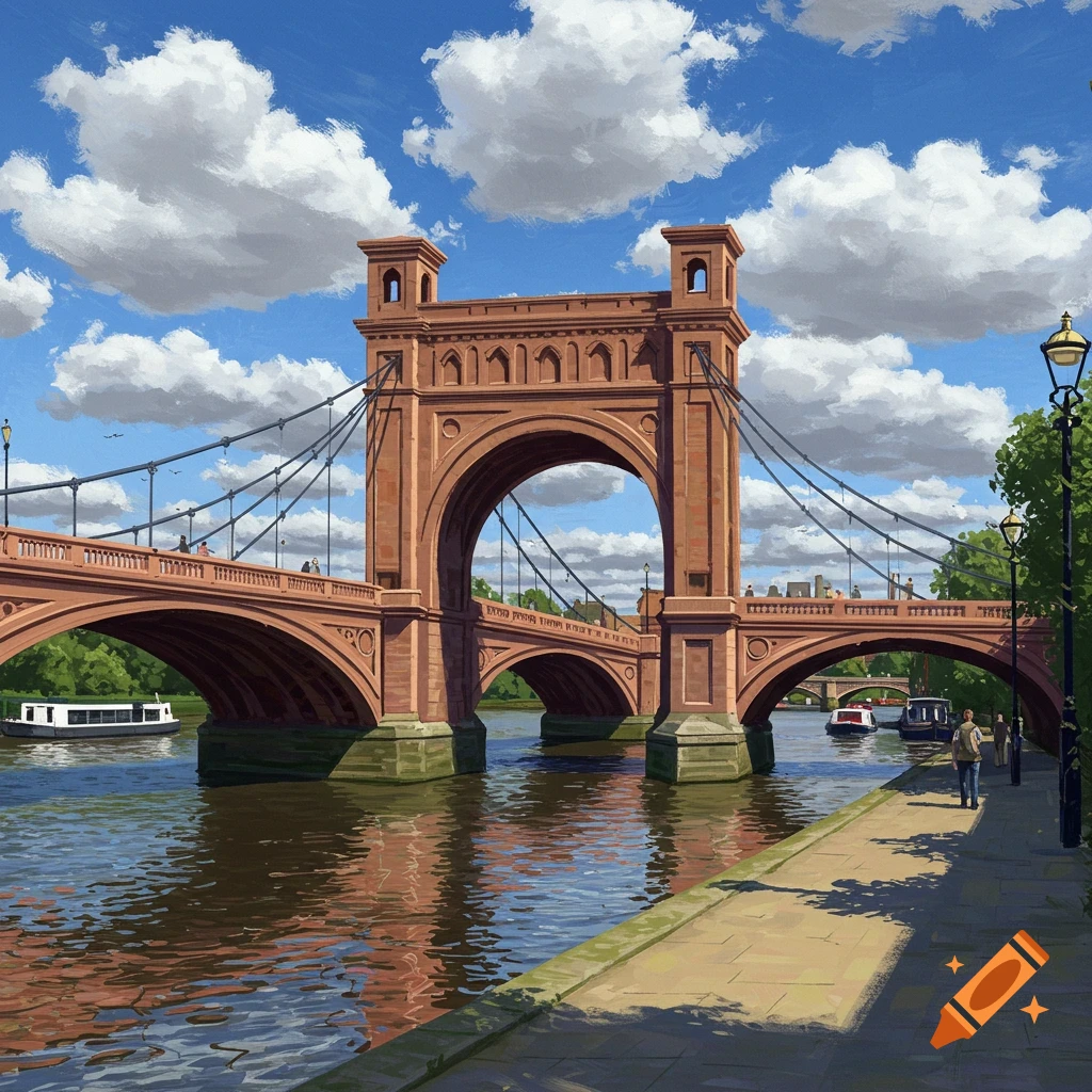 Digital art painting of a red brick suspension bridge over a river with boats and people on the embankment.