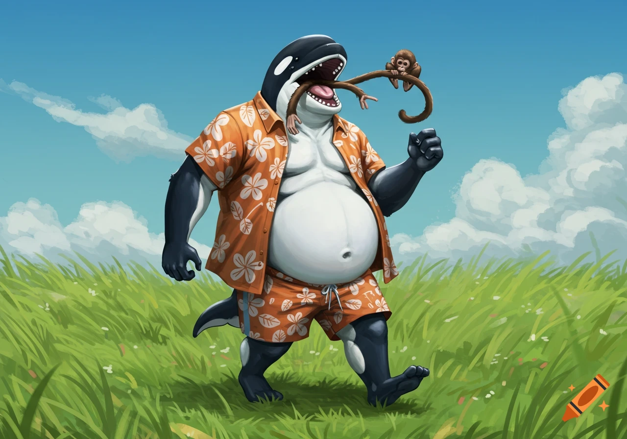 An anthropomorphic orca in a Hawaiian shirt and shorts walks through grass with a monkey tail in its mouth. Digital illustration.