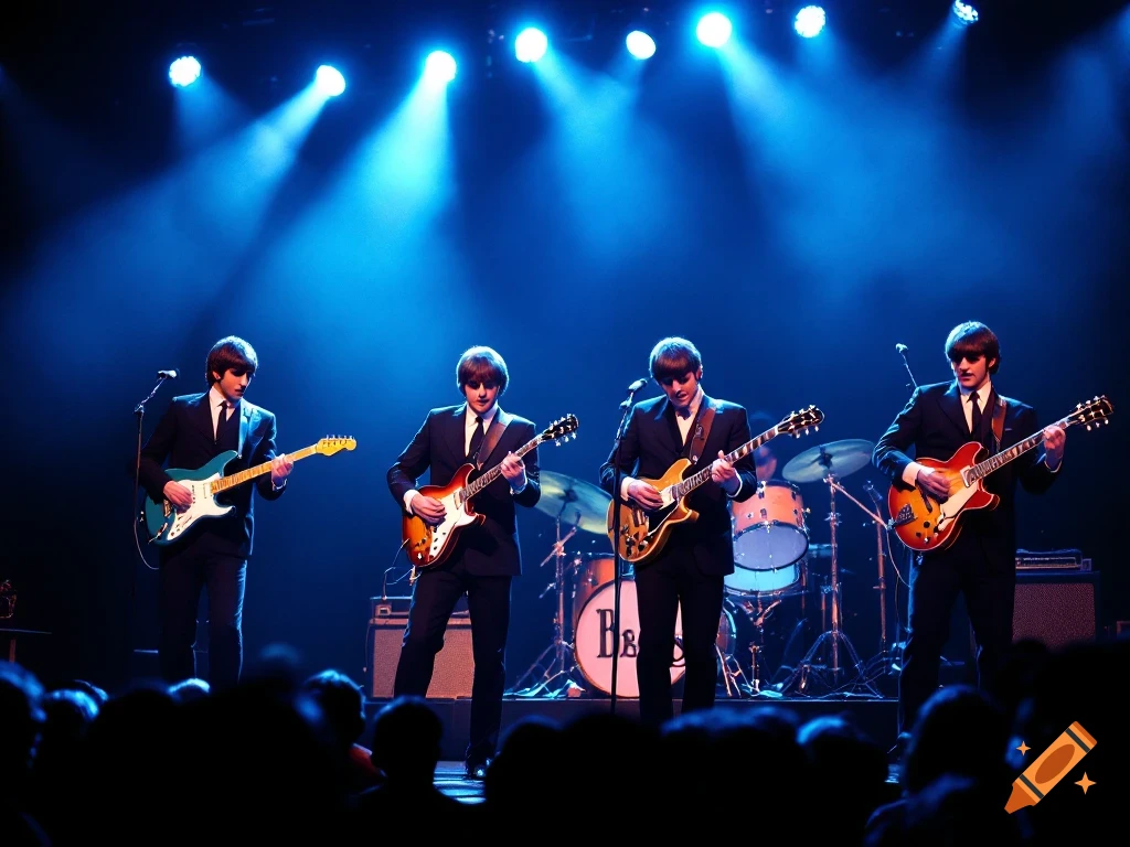 A band inspired by The Beatles plays on a stage with blue spotlights.