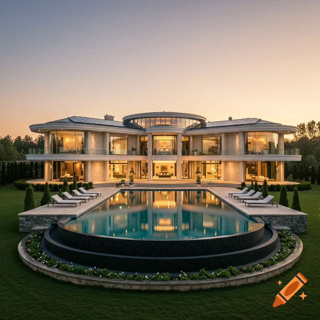 Modern luxury mansion with large pool at sunset, photorealistic style