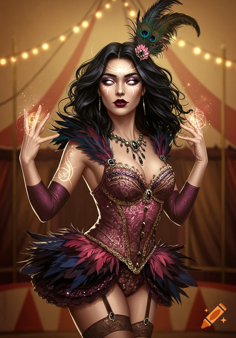 A woman in a burlesque-style circus costume with glowing hands, performing magic.