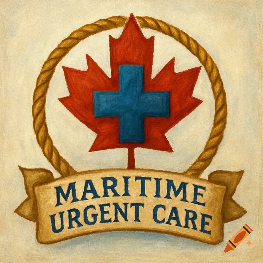Painted logo with a red maple leaf, blue cross, rope border, and banner text 'MARITIME URGENT CARE'
