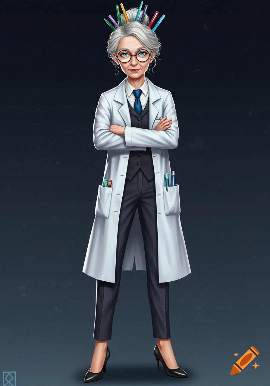 Middle aged woman scientist with grey hair, glasses, lab coat, suit, and heels stands with arms crossed.