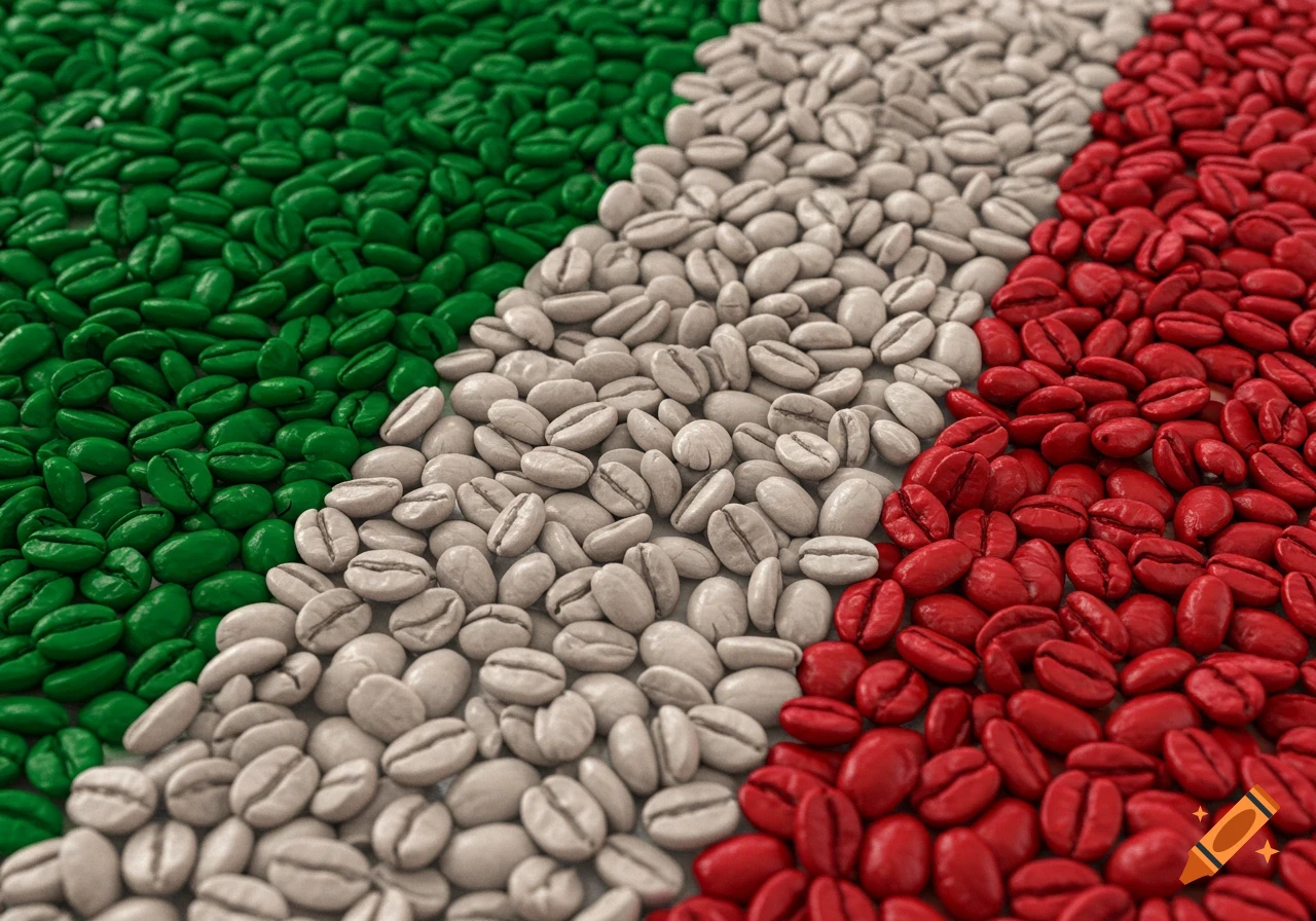 Close-up of coffee beans colored green, white, and red, arranged like the Italian flag