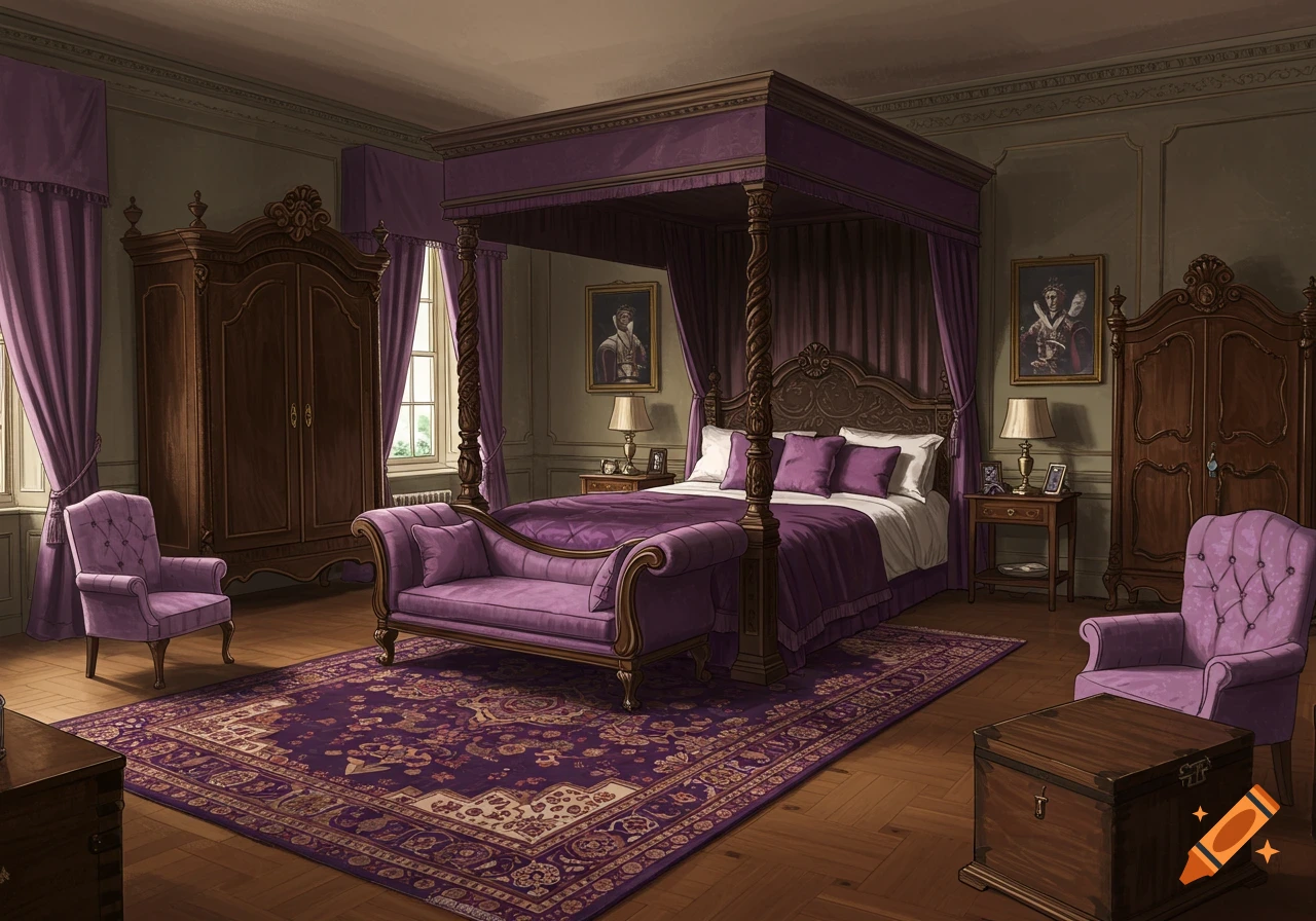 A regal bedroom with a purple four-poster bed, chaise, and chairs, antique wardrobes, and a detailed purple rug.