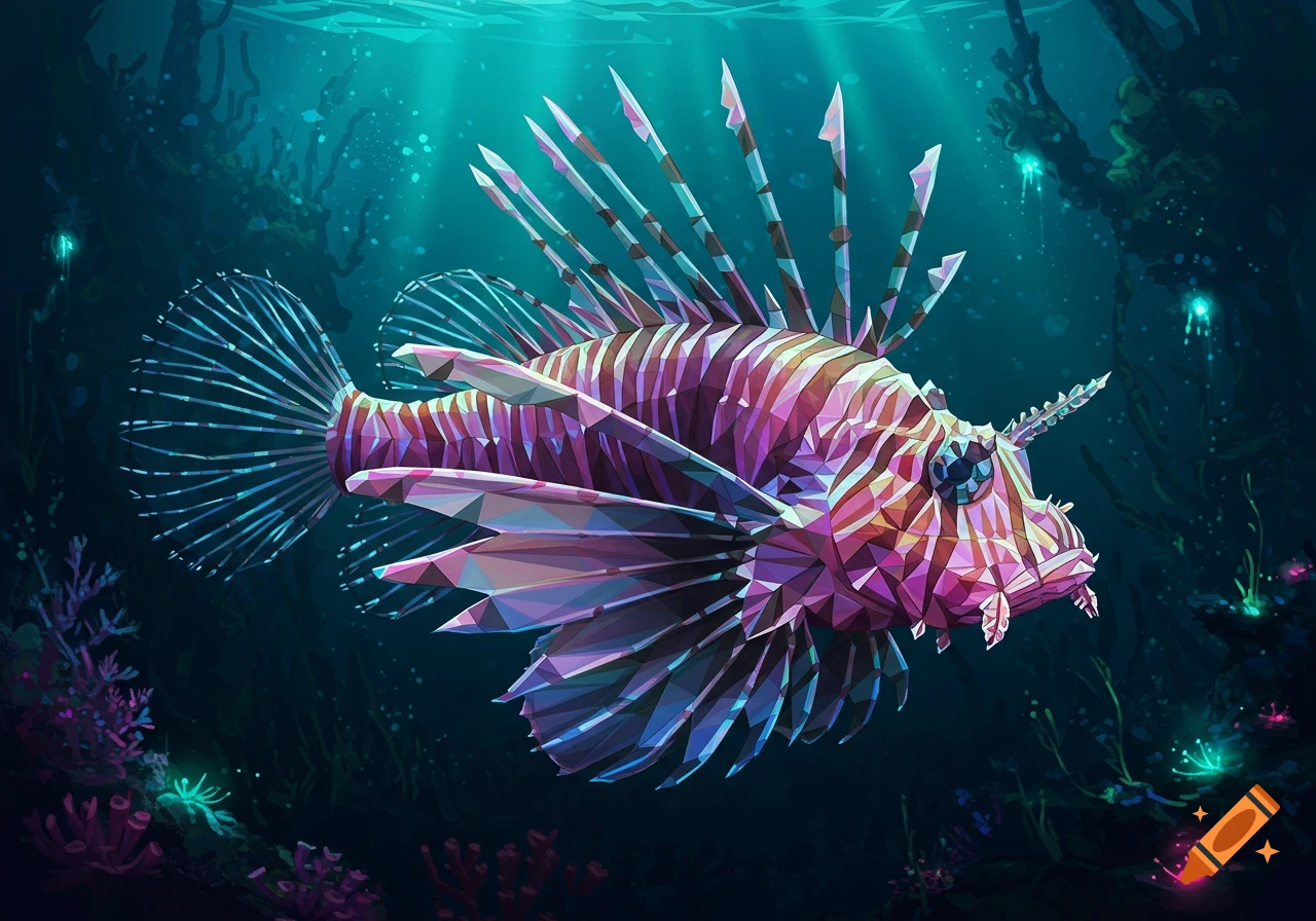 A geometric style lionfish swims underwater near coral reefs with light rays shining down.