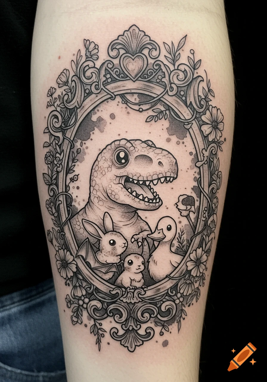 Black and grey cartoon tattoo design of a T-Rex, rabbit, duck, and bat inside a decorative frame with flowers and vines.