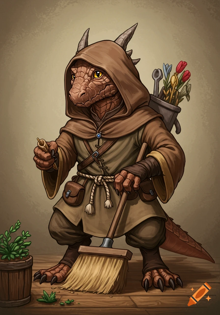 A fantasy creature in a hooded robe sweeps with a broom, holding a tool.