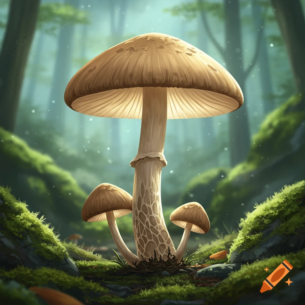 A large mushroom with a patterned stem stands between two smaller mushrooms in a mossy, misty forest.