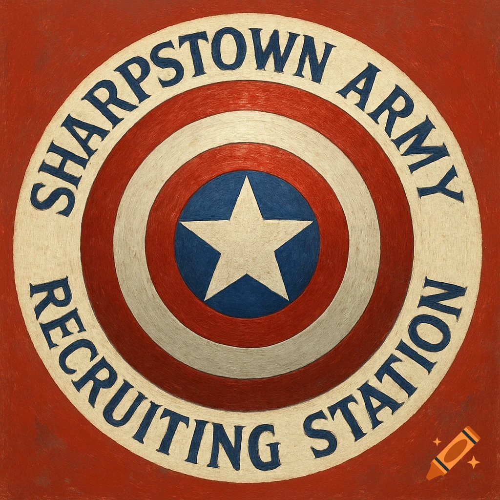 A circular patriotic-style shield with red, white, and blue rings, a central star, and the text 'SHARPSTOWN ARMY RECRUITING STATION' around the edge.