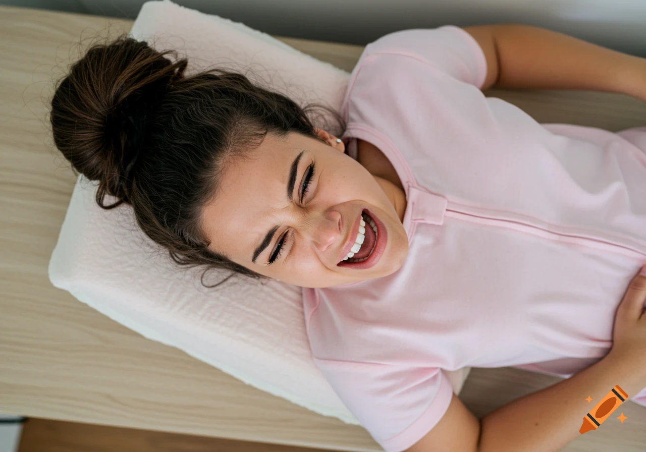 Top-down view of a woman laying on her back, crying with eyes closed and mouth open.