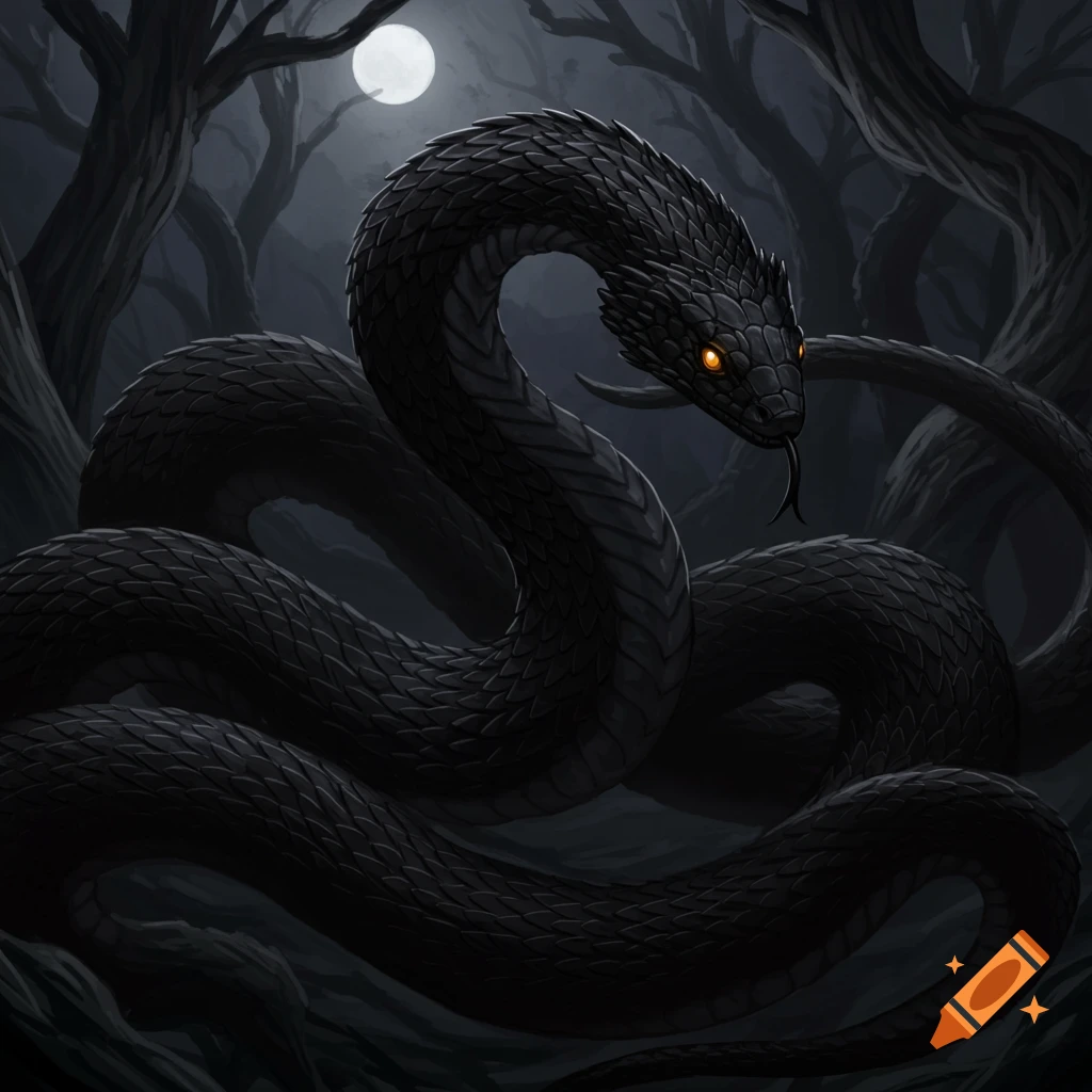 Large black snake with glowing eyes coiled in a dark forest under a full moon.