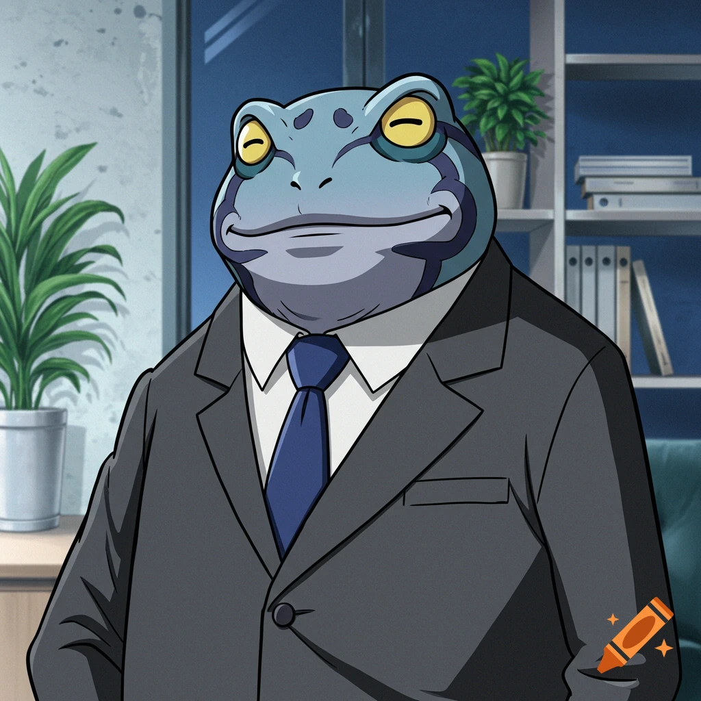 A cartoon-style blue frog character in a dark suit and blue tie stands in an office.