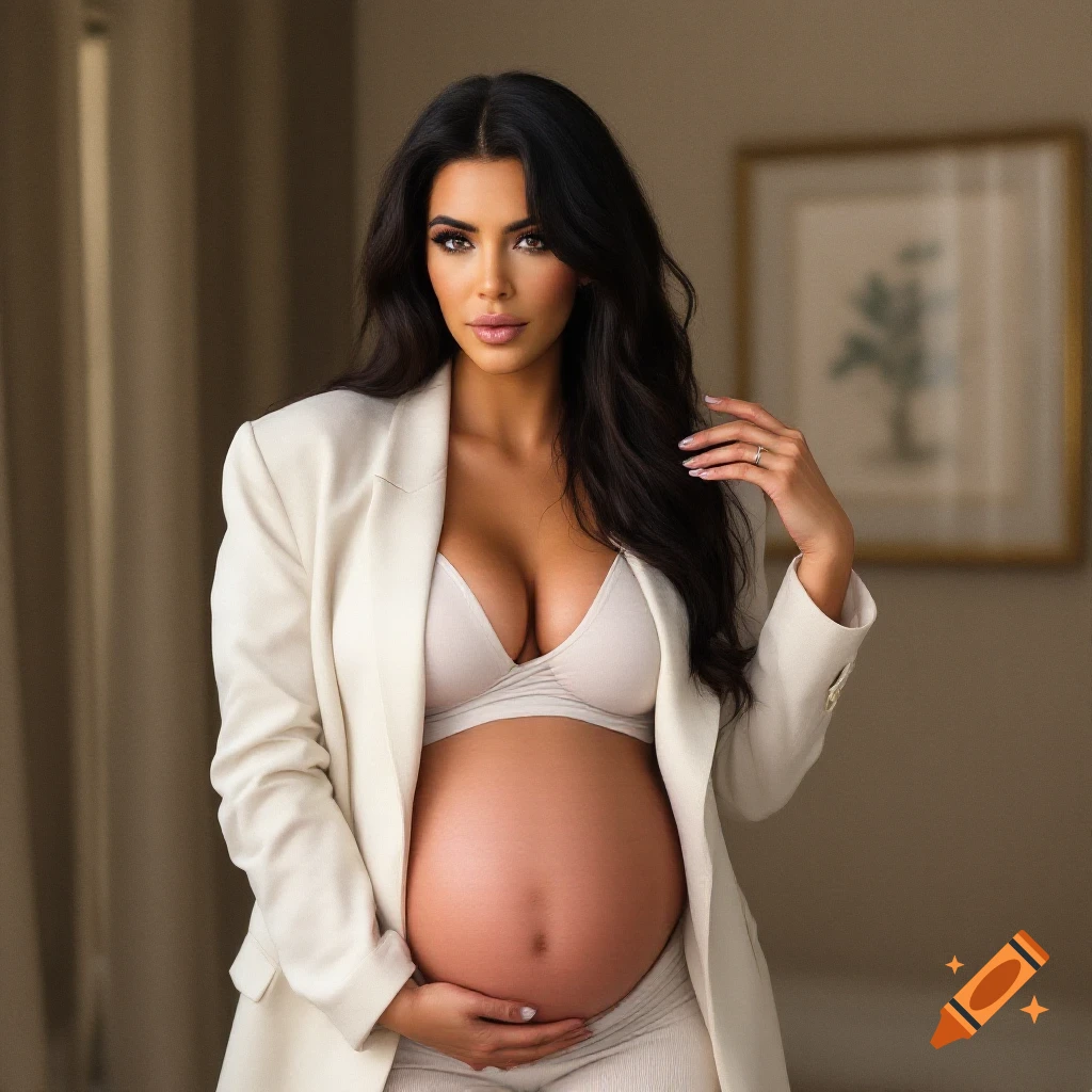 Pregnant woman resembling Kim Kardashian in a white blazer holding her belly, photorealistic