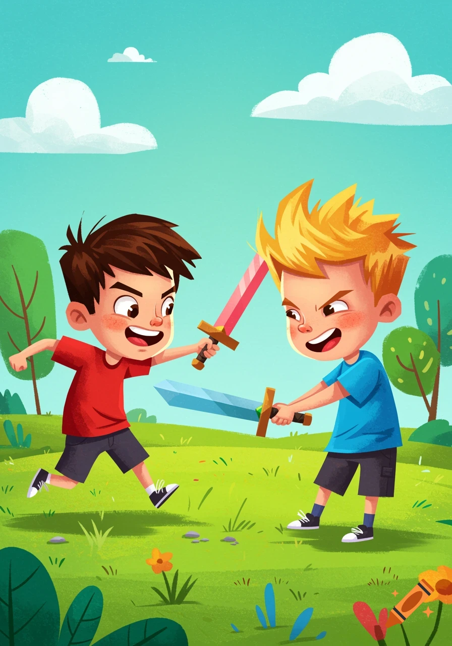 Two cartoon boys playing sword fighting with toy swords in a park, simple illustration style.