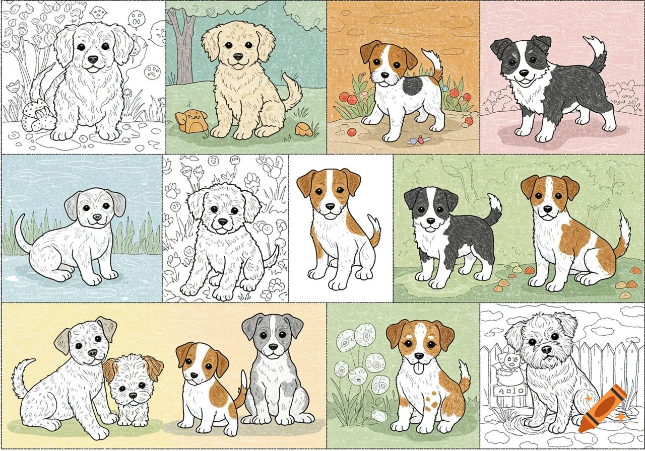 Grid of illustrations showing puppies, some as coloring pages and some colored.