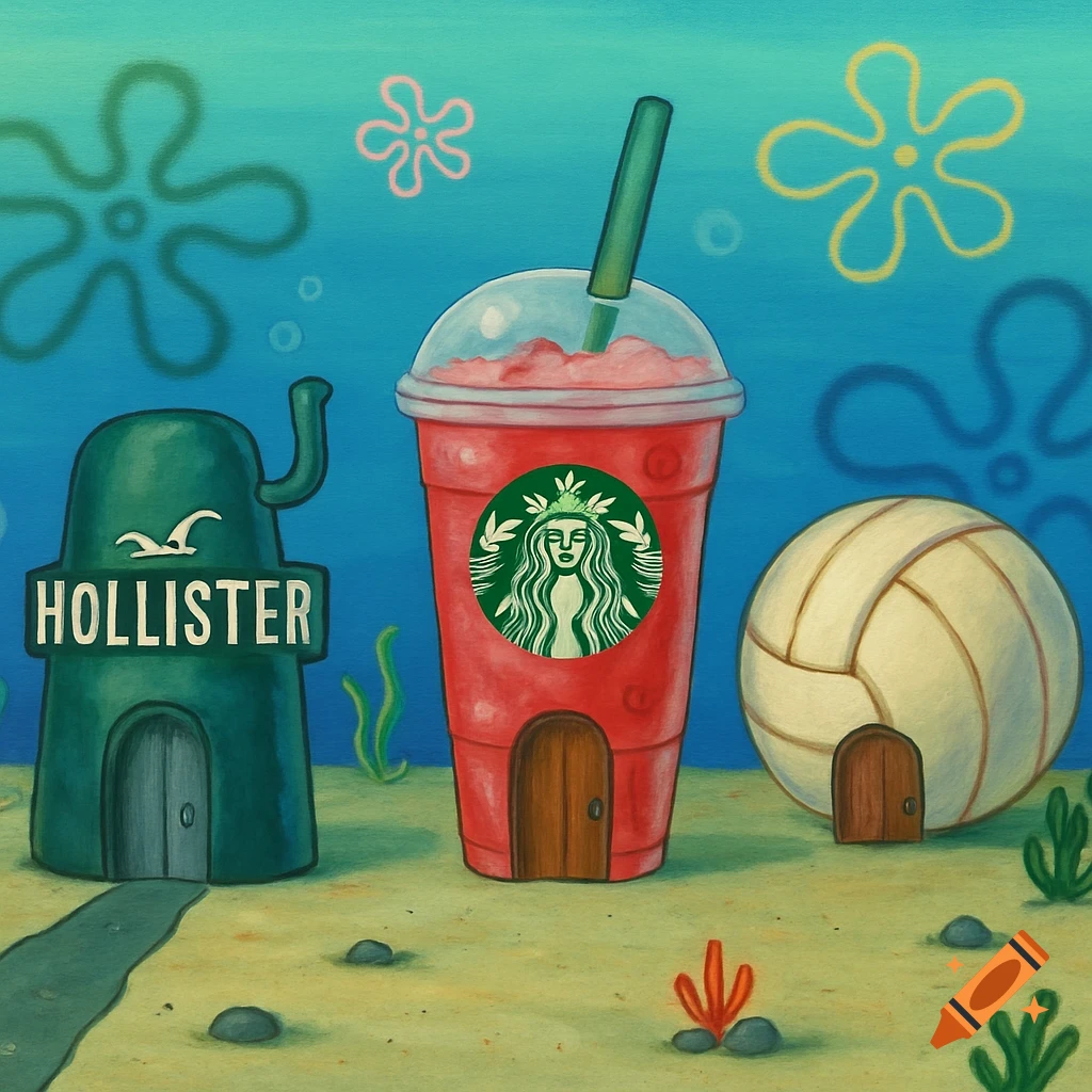 A cartoon underwater scene with houses shaped like a Hollister store, a Starbucks cup, and a volleyball in a painting style.