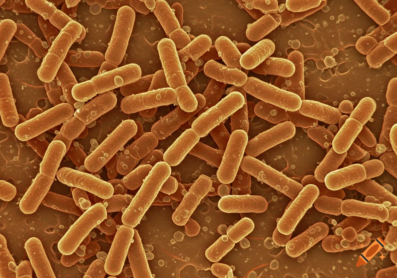 Scanning electron microscope image of rod-shaped bacteria.