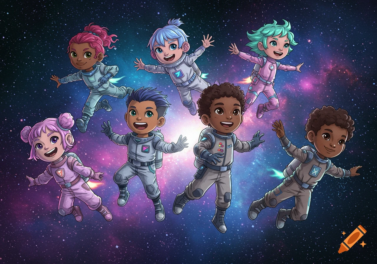 Cartoon children floating in space.