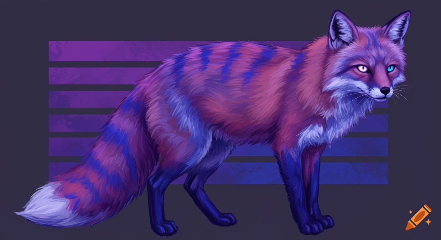 Stylized drawing of a fox with purple and blue fur stripes and heterochromia eyes in front of horizontal purple lines.