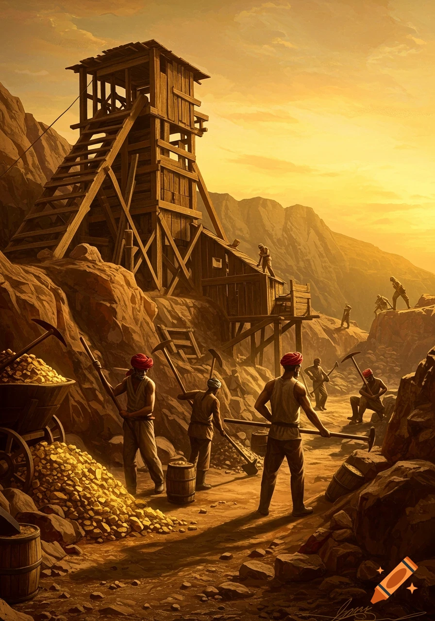 Men mining gold at a wooden structure mine during sunset