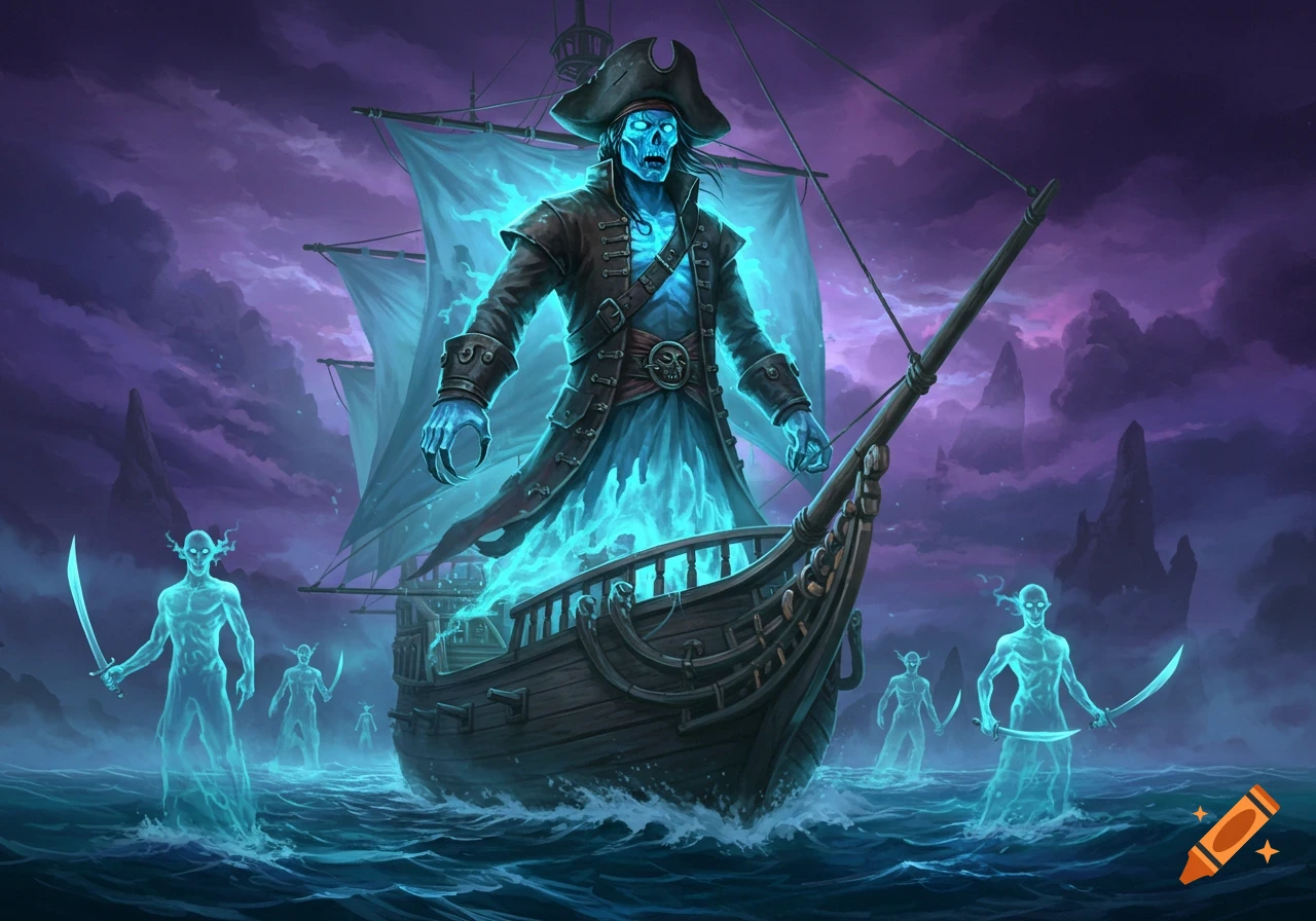 Ghost pirate captain on a ship surrounded by other ghost figures in a dark fantasy illustration.