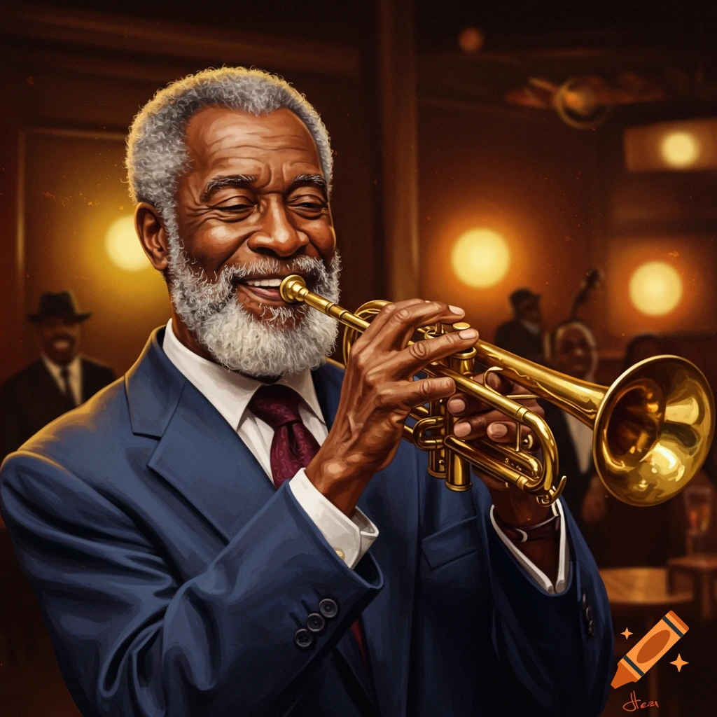 Painting of an older man smiling and playing a trumpet in a dimly lit jazz club.